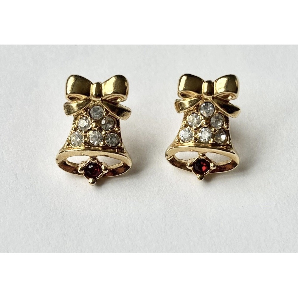 VTG Christmas Bells Gold Tone‎ Red Crystal Rhinestone Avon Stud Earrings Grandma